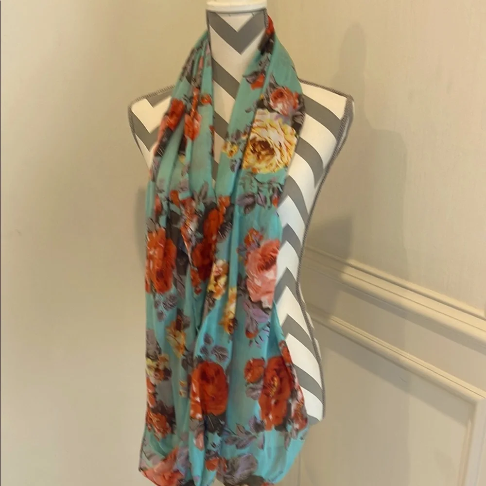 Teal Orange Floral Women's Infinity Scarf Ring Loop Blossom Pattern Lightweight